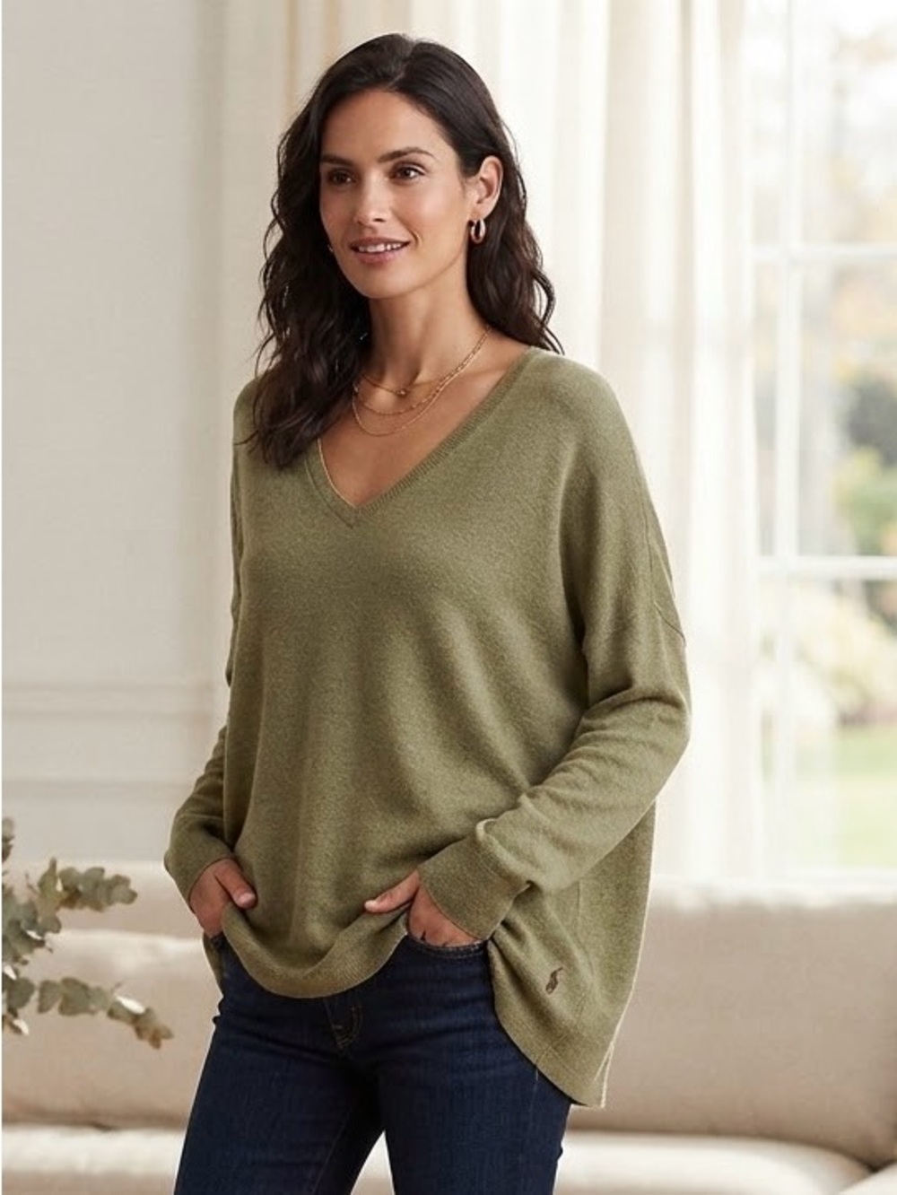Polo by Ralph Lauren | Olive Green Wool Blend Oversized V-Neck Sweater | Sz M